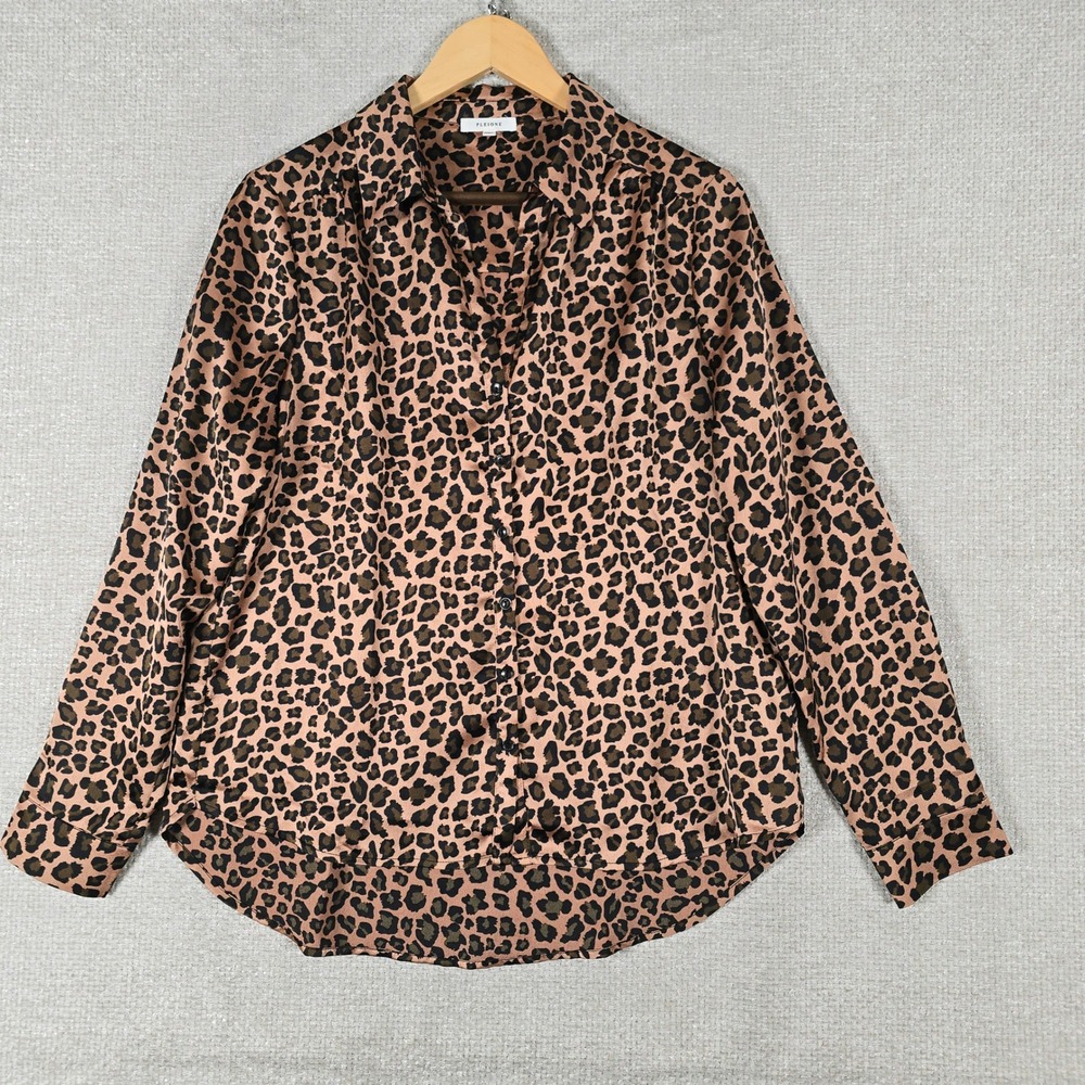 Pleione Womens Leopard Print Button Down Long Sleeve Blouse Tan Brown Size M